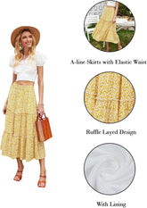 Women'S Floral Midi Skirts Elastic High Waist A-Line Swing Skirts